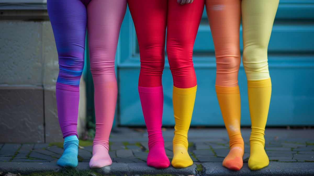 Drei Paar Beine in bunten Kompressionsstrümpfen vor einer blauen Tür, KI-generiert