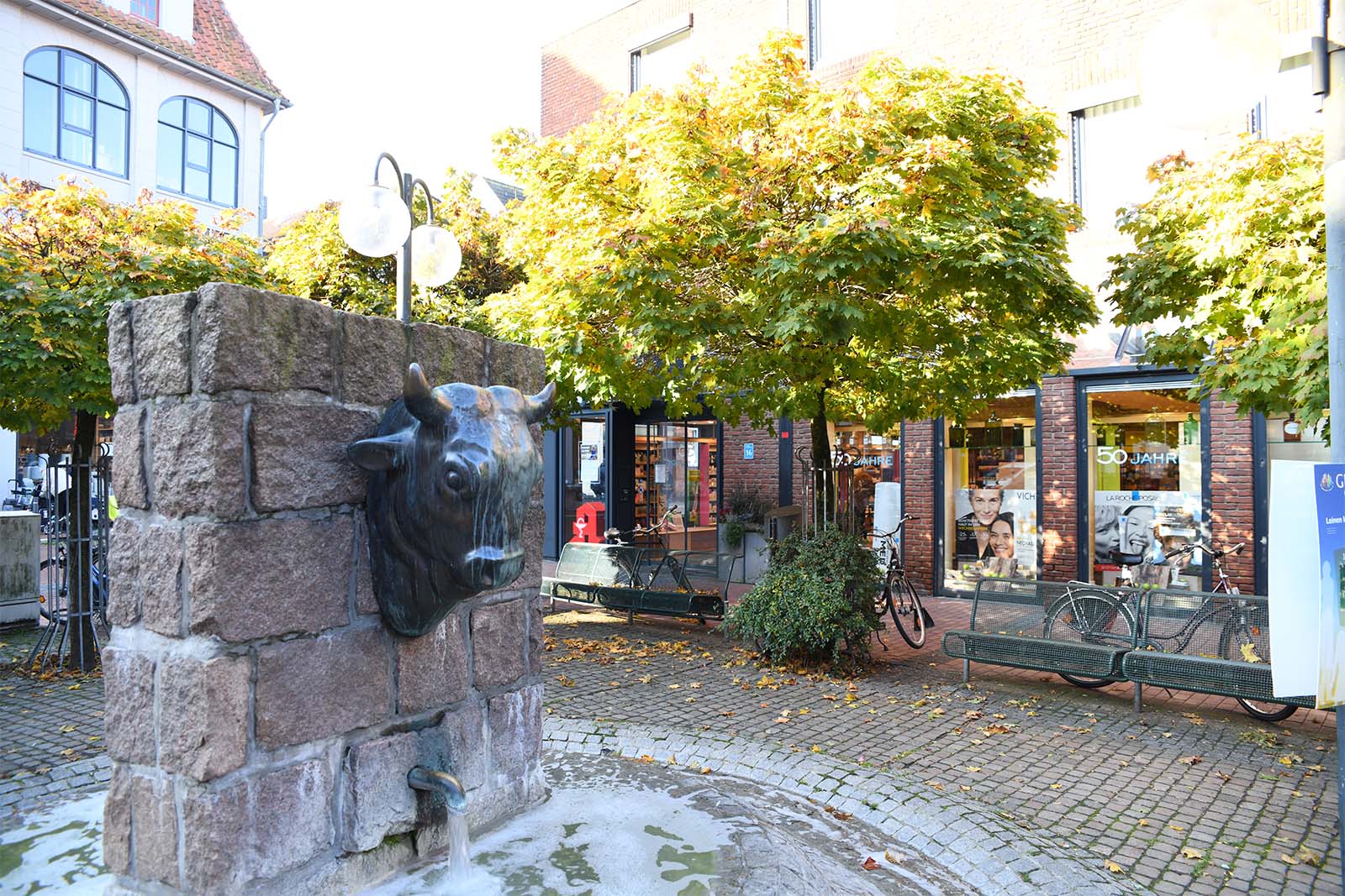 Der Brunnen am Ochsenkopf mit der Apotheke im Hintergrund
